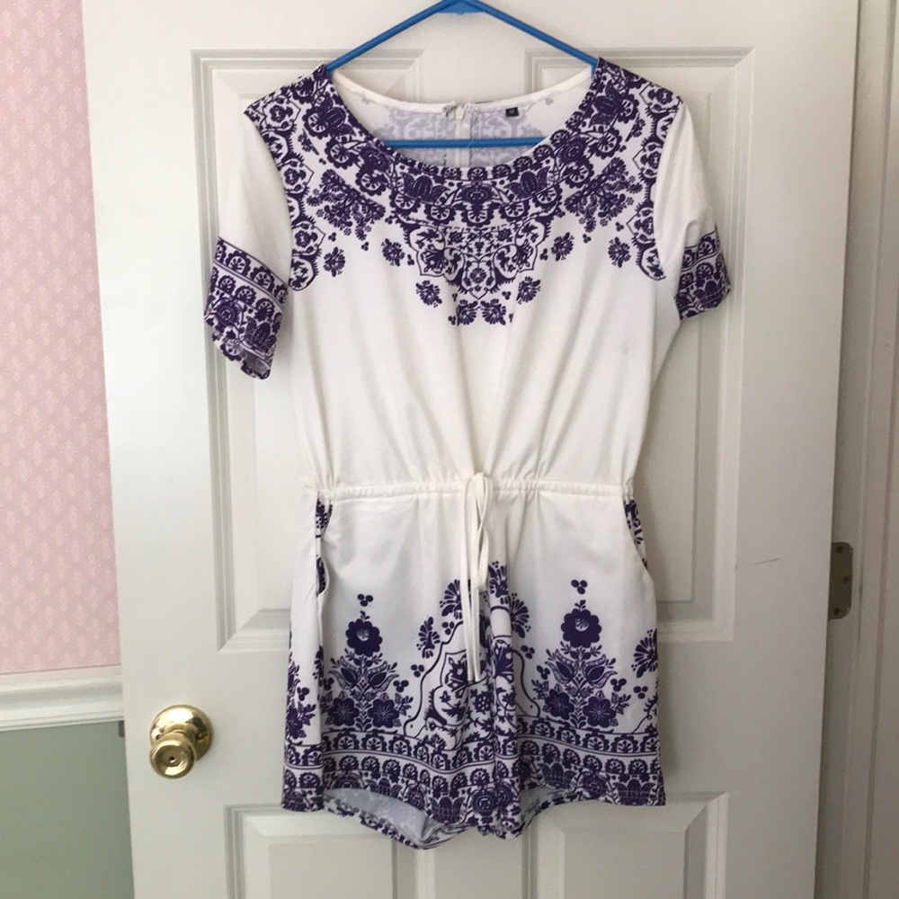 Purple and white drawstring romper